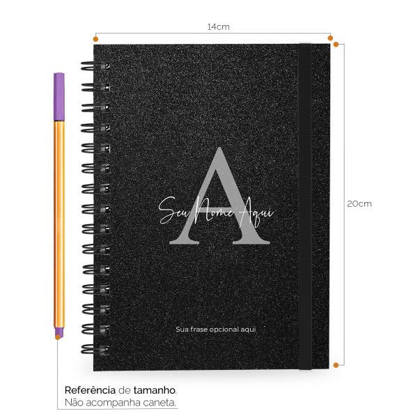 Caderno Personalizado Plus Glitter Preto Prata 14x20