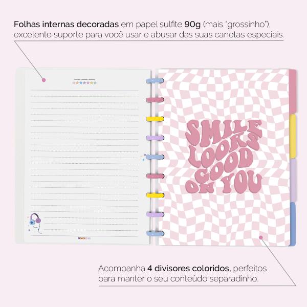 Iscool Disc Flex Personalizado Médio 17x23 cm 80 Folhas Retro Flor Power Branco