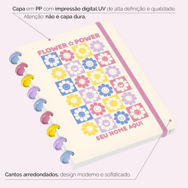 Iscool Disc Flex Personalizado Médio 17x23 cm 80 Folhas Retro Flor Power Branco