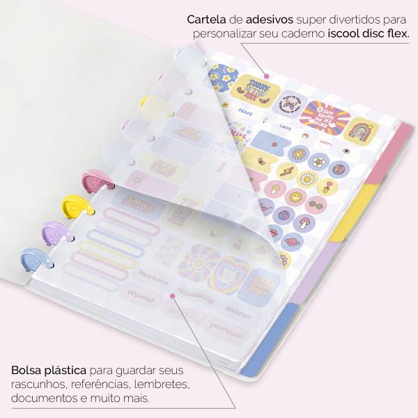 Iscool Disc Flex Personalizado Médio 17x23 cm 80 Folhas Retro Flor Power Branco