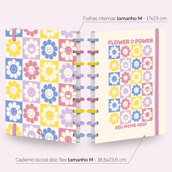 Iscool Disc Flex Personalizado Médio 17x23 cm 80 Folhas Retro Flor Power Branco