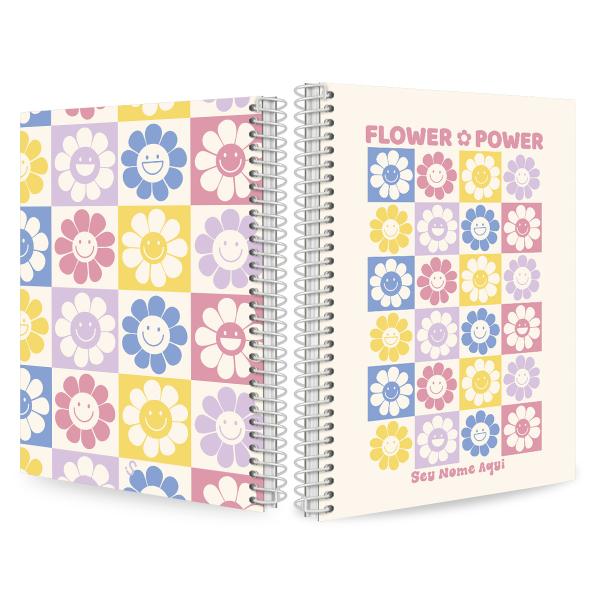 Caderno Colegial Personalizado 1 Matéria Retrô Flor Power Branco