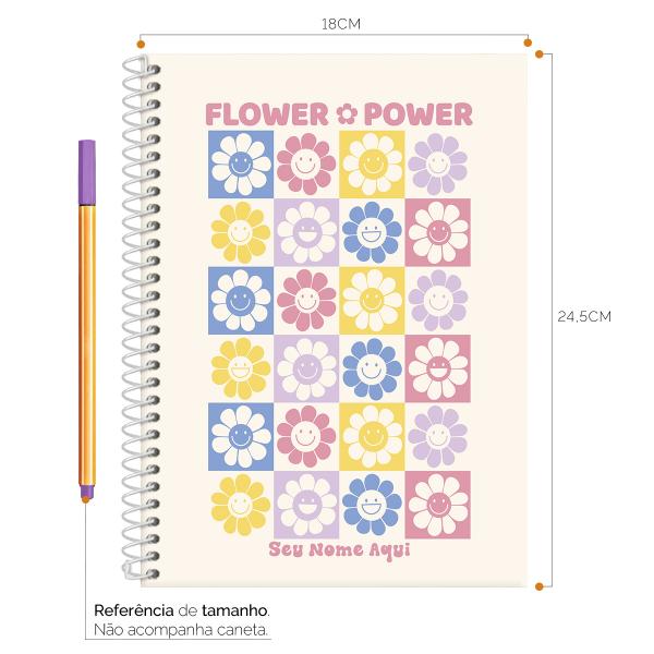Caderno Colegial Personalizado 1 Matéria Retrô Flor Power Branco