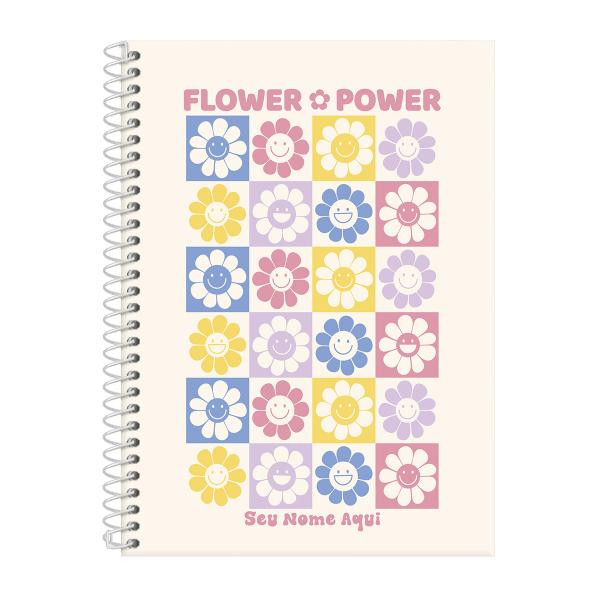 Caderno Colegial Personalizado 1 Matéria Retrô Flor Power Branco