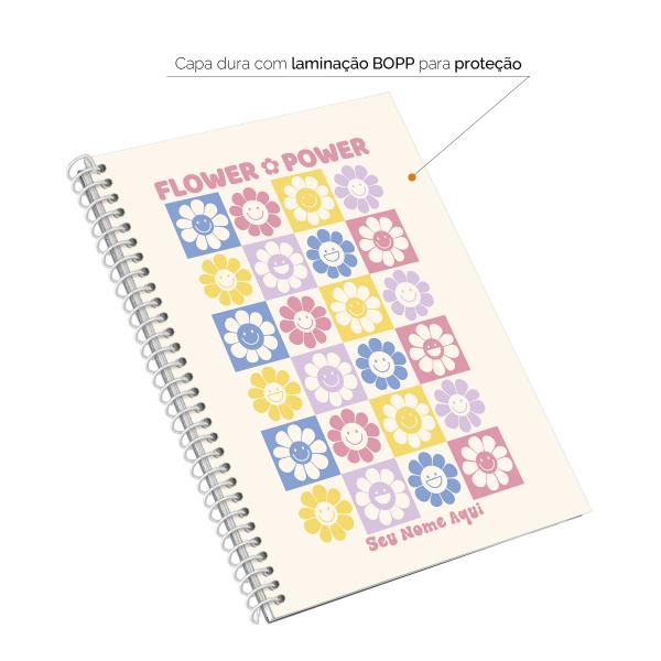 Caderno Colegial Personalizado 1 Matéria Retrô Flor Power Branco