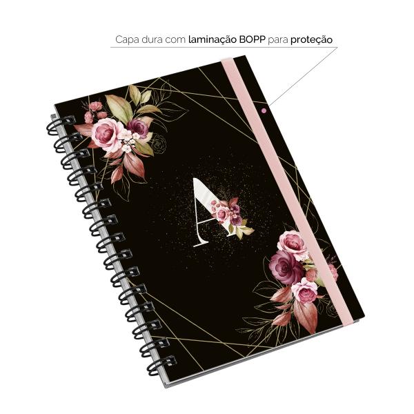 Caderno Plus Monograma Floral Preta Letra A 14x20 100 Fls