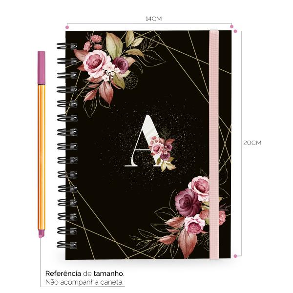 Caderno Plus Monograma Floral Preta Letra A 14x20 100 Fls