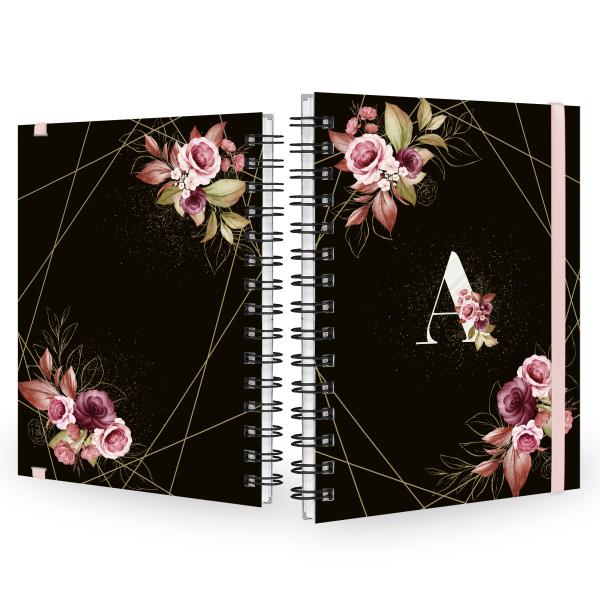 Caderno Plus Monograma Floral Preta Letra A 14x20 100 Fls