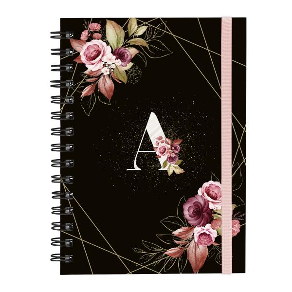 Caderno Plus Monograma Floral Preta Letra A 14x20 100 Fls