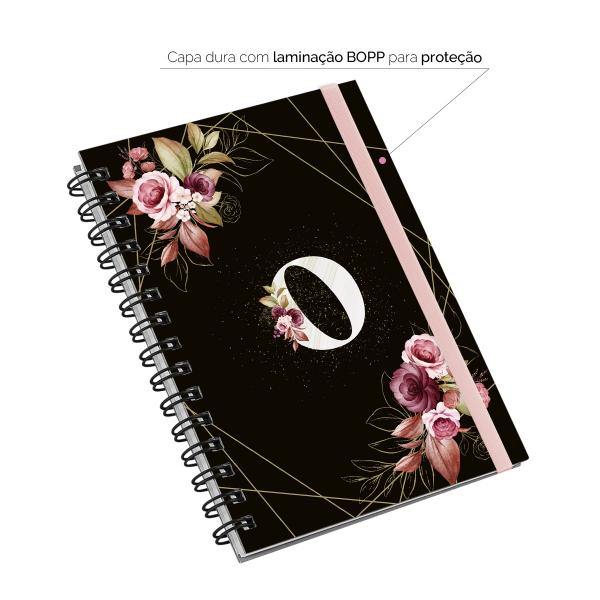 Caderno Plus Monograma Floral Preta Letra O 14x20 100 Fls