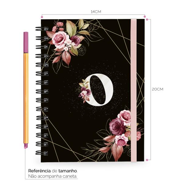 Caderno Plus Monograma Floral Preta Letra O 14x20 100 Fls