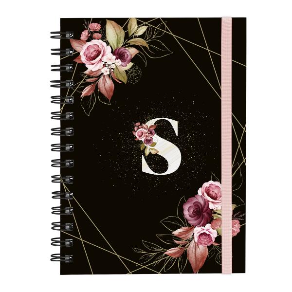 Caderno Plus Monograma Floral Preta Letra S 14x20 100 Fls
