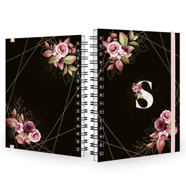 Caderno Plus Monograma Floral Preta Letra S 14x20 100 Fls