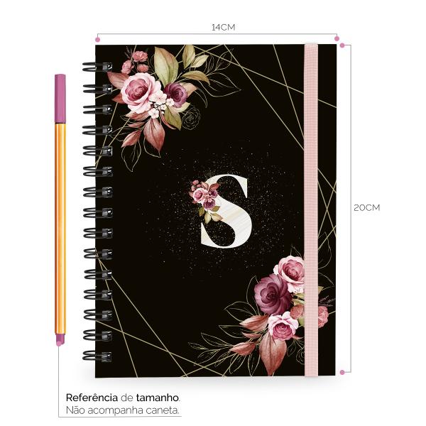 Caderno Plus Monograma Floral Preta Letra S 14x20 100 Fls