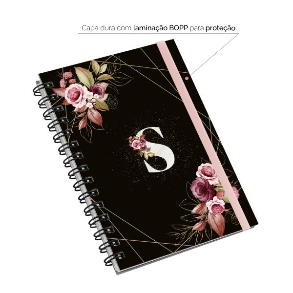 Caderno Plus Monograma Floral Preta Letra S 14x20 100 Fls