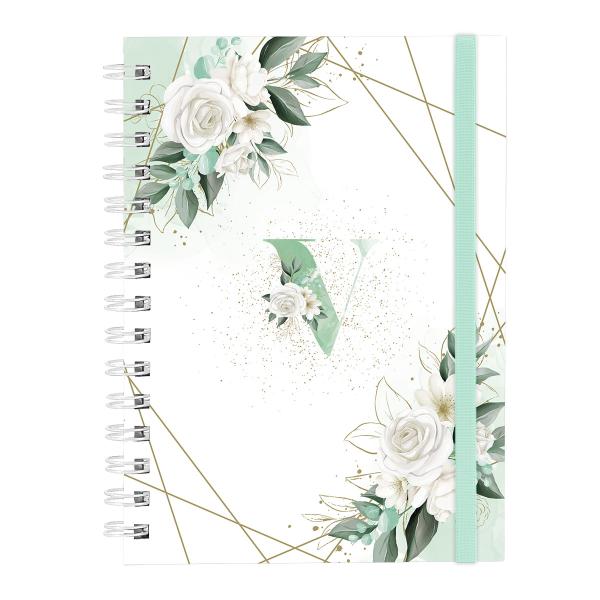 Caderno Plus Monograma Floral Verde Letra V 14x20 100 Fls