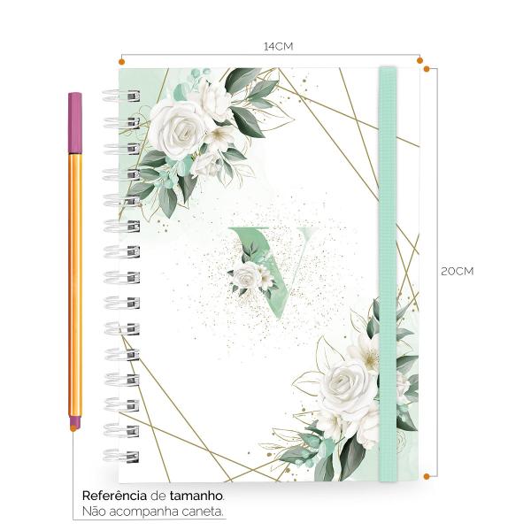 Caderno Plus Monograma Floral Verde Letra V 14x20 100 Fls