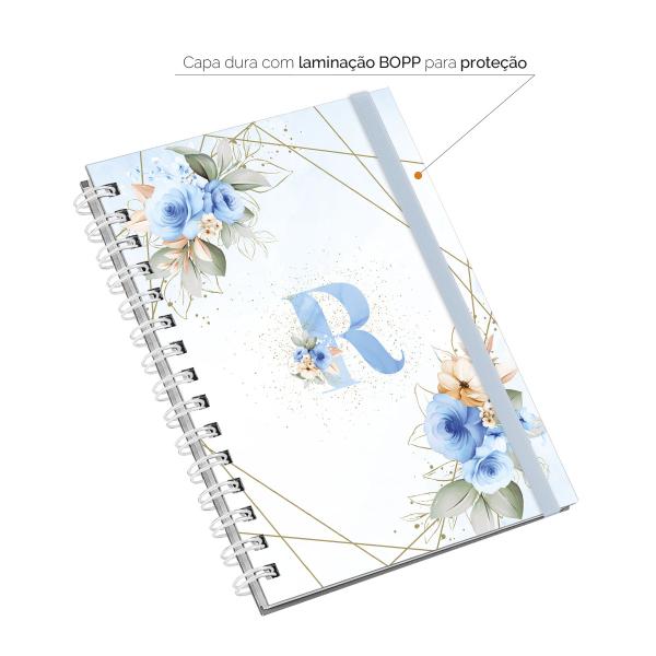 Caderno Plus Monograma Floral Azul Letra R 14x20 100 Fls