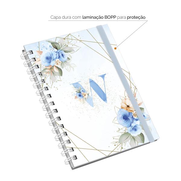 Caderno Plus Monograma Floral Azul Letra W 14x20 100 Fls