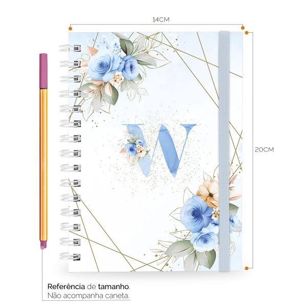 Caderno Plus Monograma Floral Azul Letra W 14x20 100 Fls