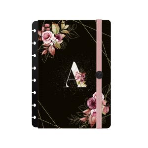 Capa e Contracapa Iscool Disc Monograma Floral P Preto E Rosa Letra A
