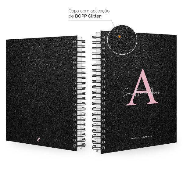 Caderno Universitário Personalizado Glitter Preto Rosa 10 Matérias